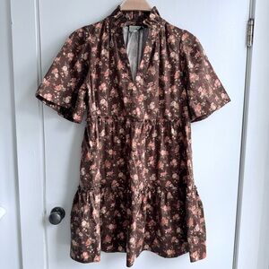 Tuckernuck Brown Floral Ruffle Neck Tiered Mini Dress - XS